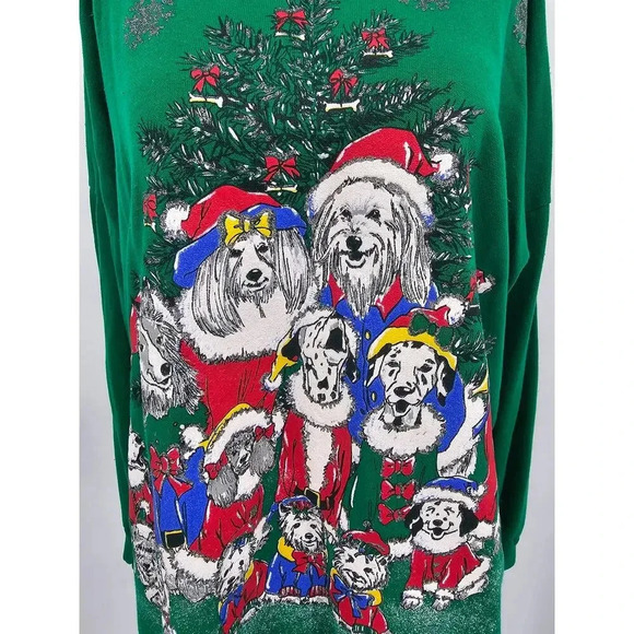 Vtg 90s Women's Green Christmas Santa Dogs Holiday Crewneck Sweater - Picture 2 of 8